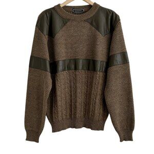 Saxony Vintage Cable Knit Pullover Leather Patch Grandpa Sweater (L)